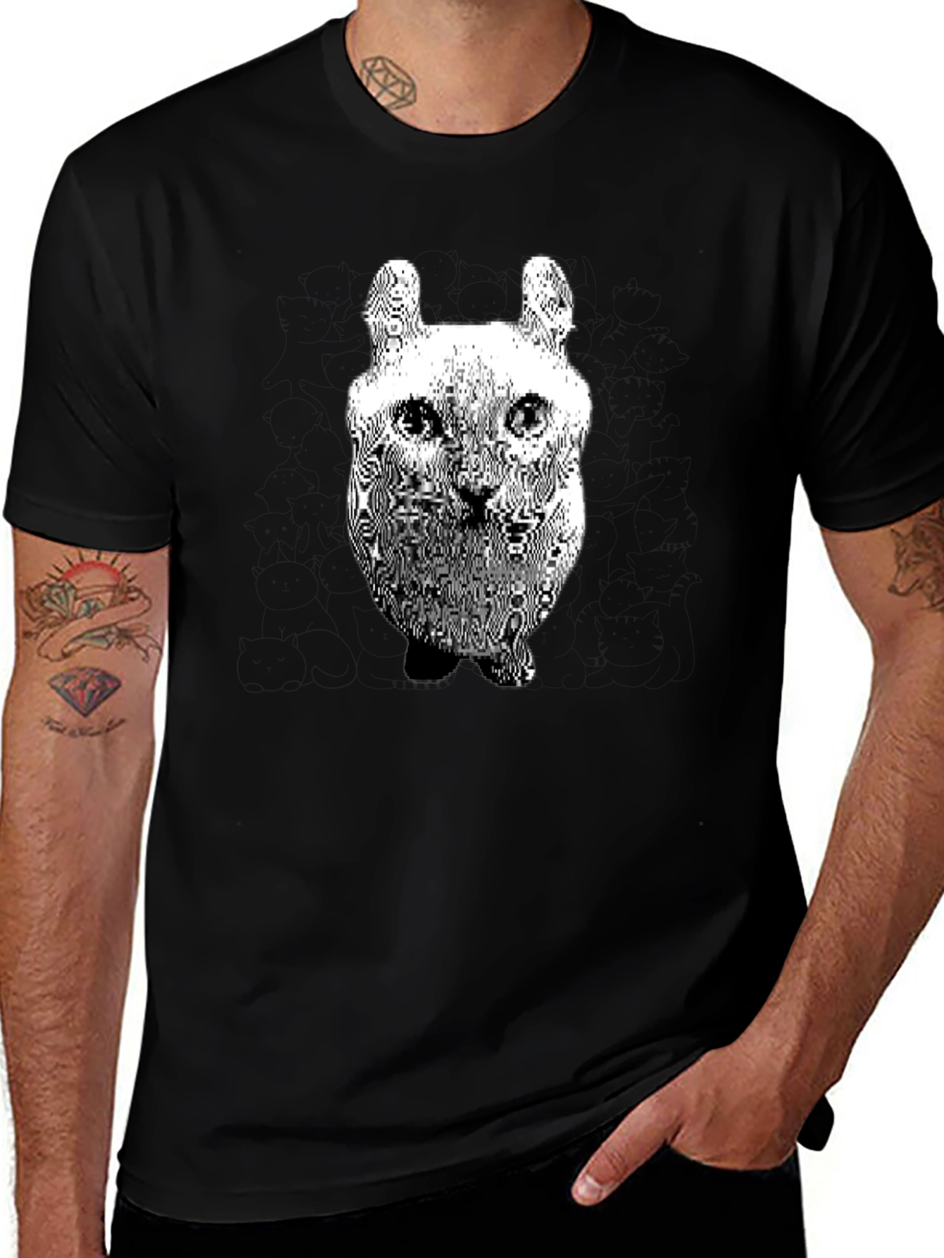 Cool Distorted Cat Graphic Black T-Shirt