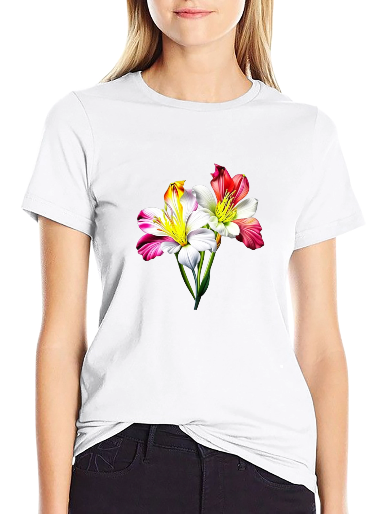 Floral Lily Graphic Tee - Stylish Black T-Shirt