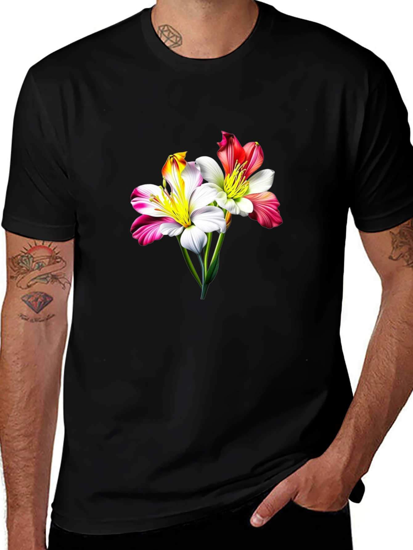 Floral Lily Graphic Tee - Stylish Black T-Shirt
