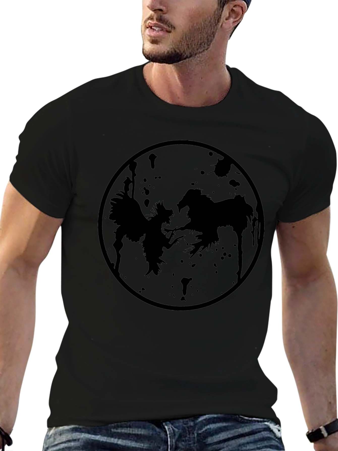 Black T-Shirt with Rooster and Horse Design