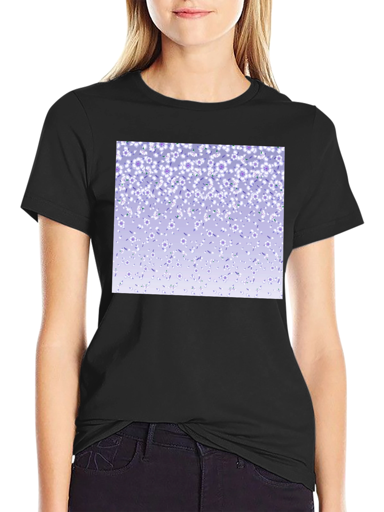 Floral Print T-Shirt - Casual Black Tee