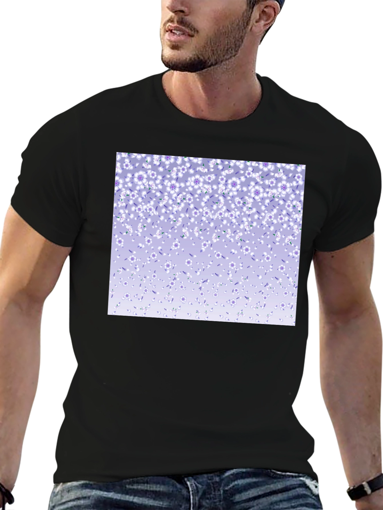 Floral Print T-Shirt - Casual Black Tee