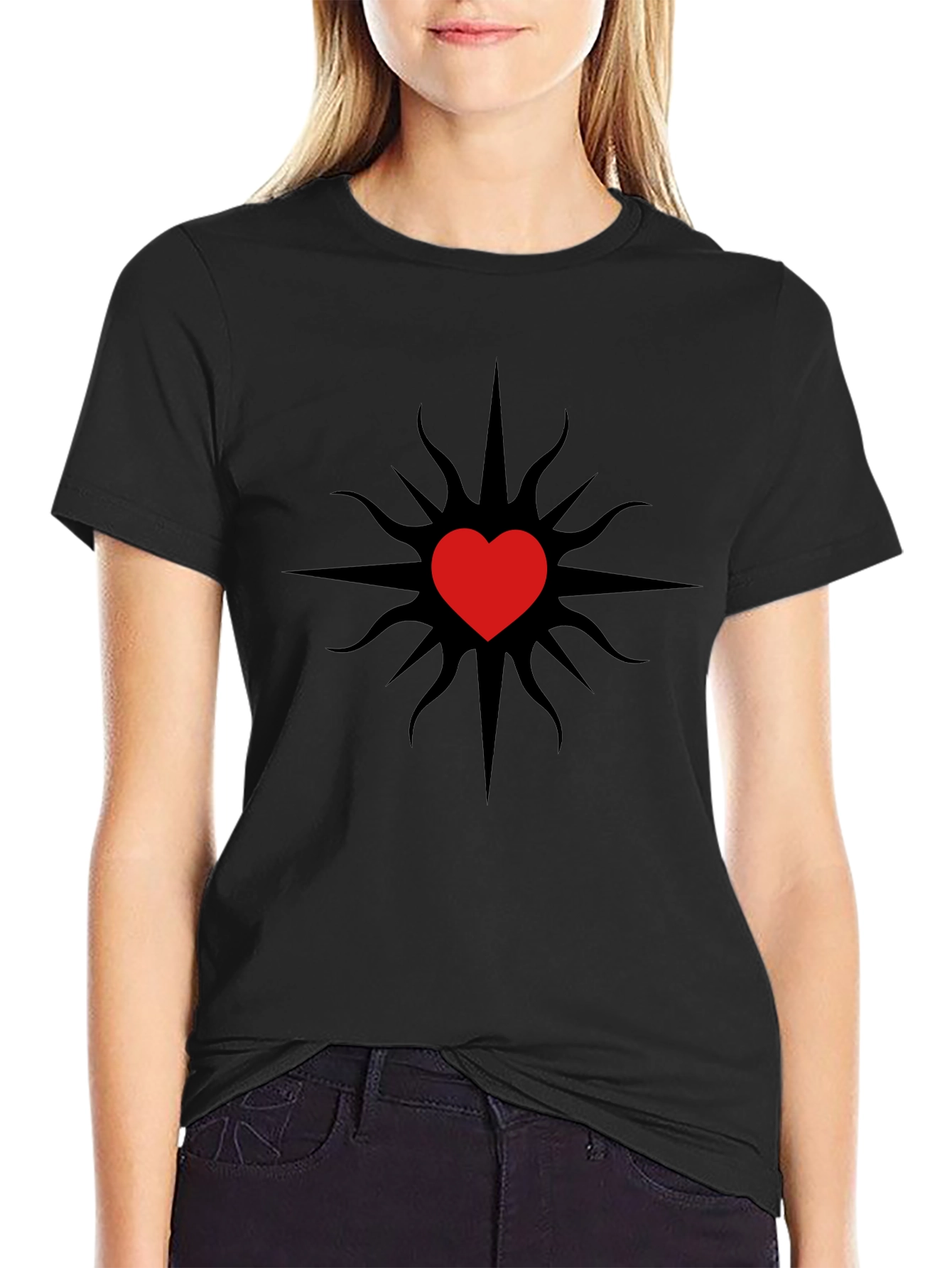 Heart Sunburst Graphic Tee - Black Casual T-Shirt