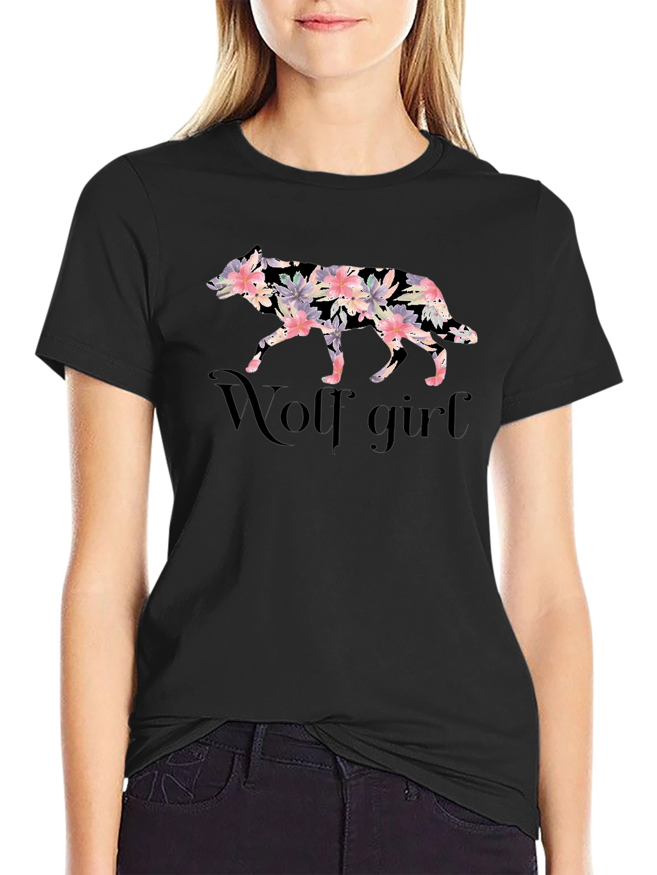 Floral Wolf Girl Tee - Stylish Graphic Print