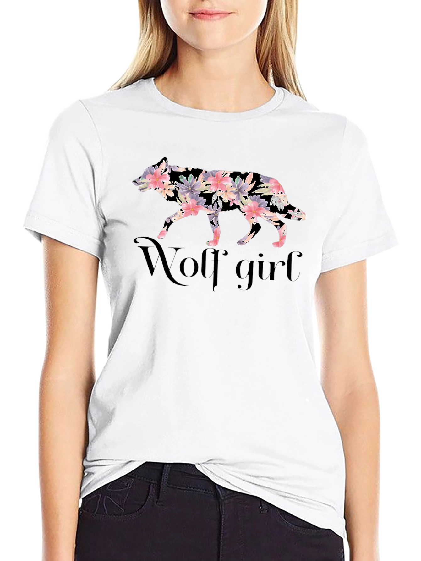 Floral Wolf Girl Tee - Stylish Graphic Print