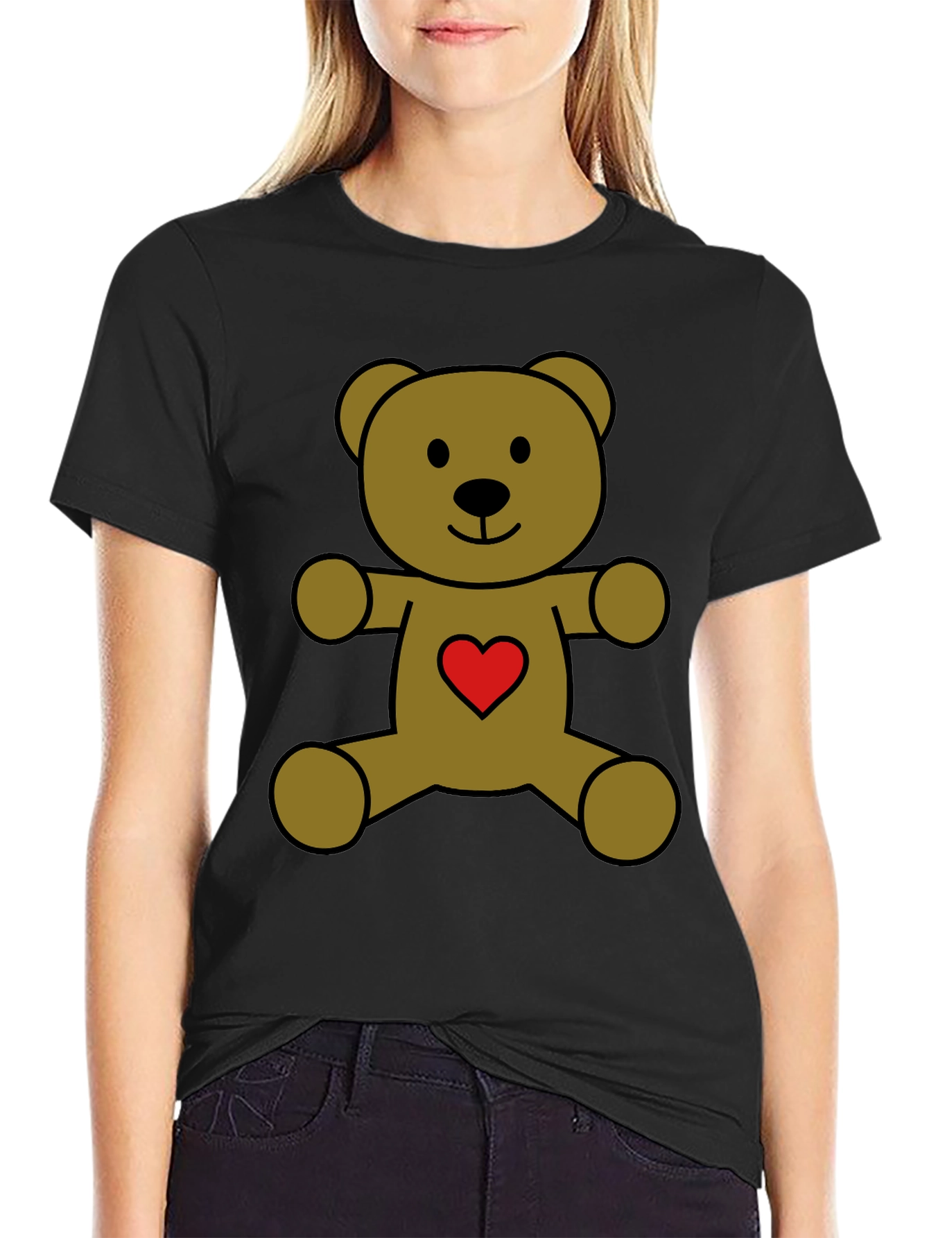 Cute Teddy Bear Heart T-Shirt - Black