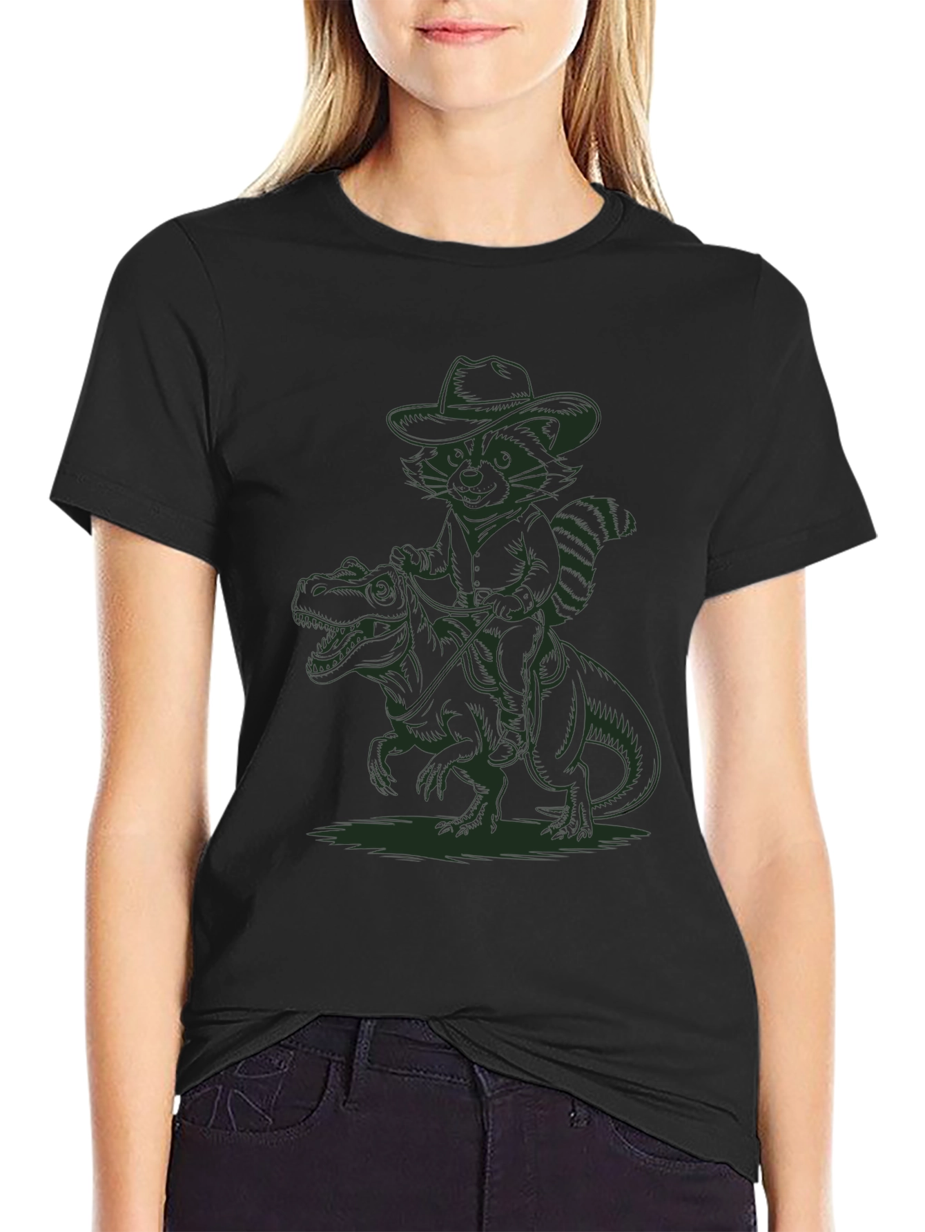 Cowboy Raccoon Riding a Dinosaur T-Shirt