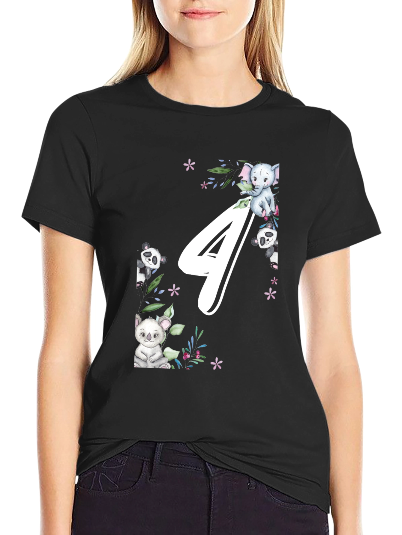 Cute Animals 4th Birthday Black T-Shirt
