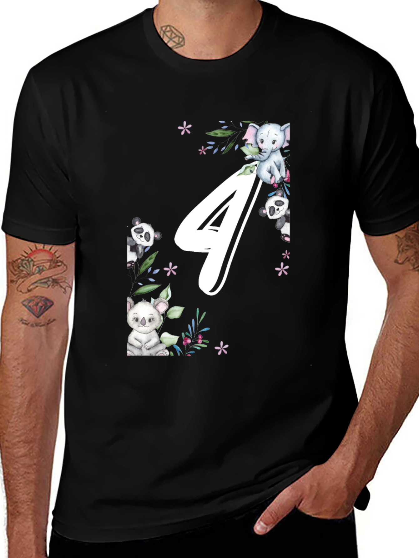 Cute Animals 4th Birthday Black T-Shirt