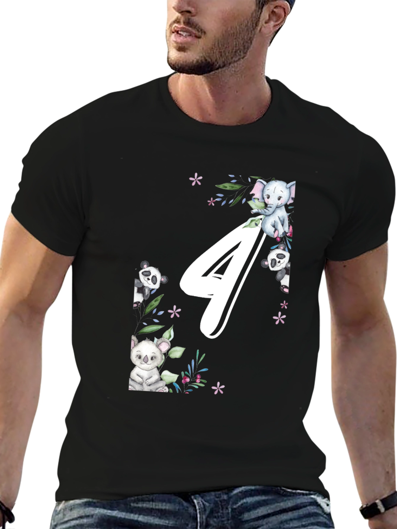 Cute Animals 4th Birthday Black T-Shirt