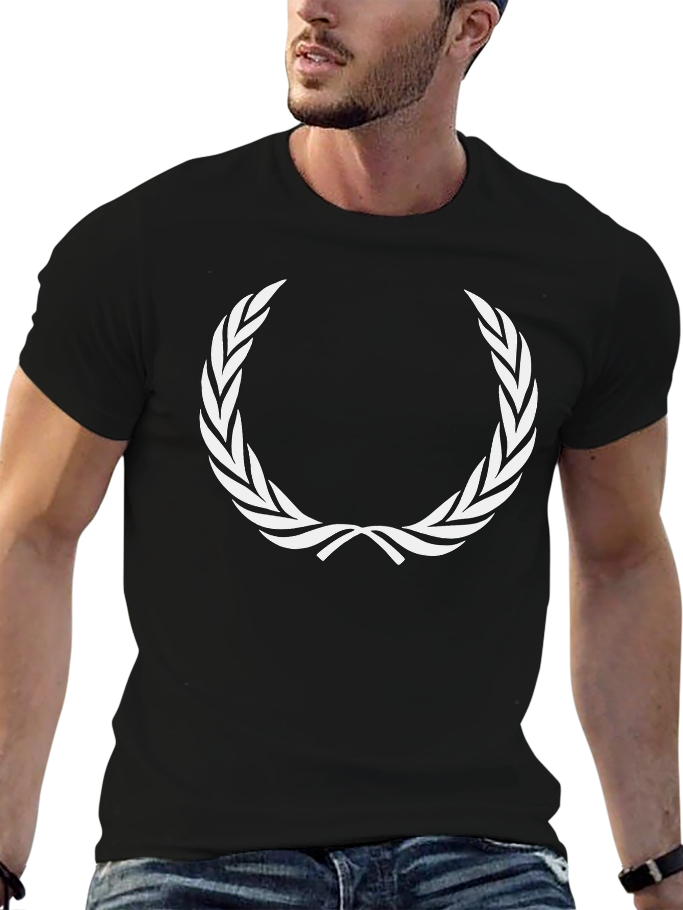 Black T-Shirt with White Laurel Wreath Graphic