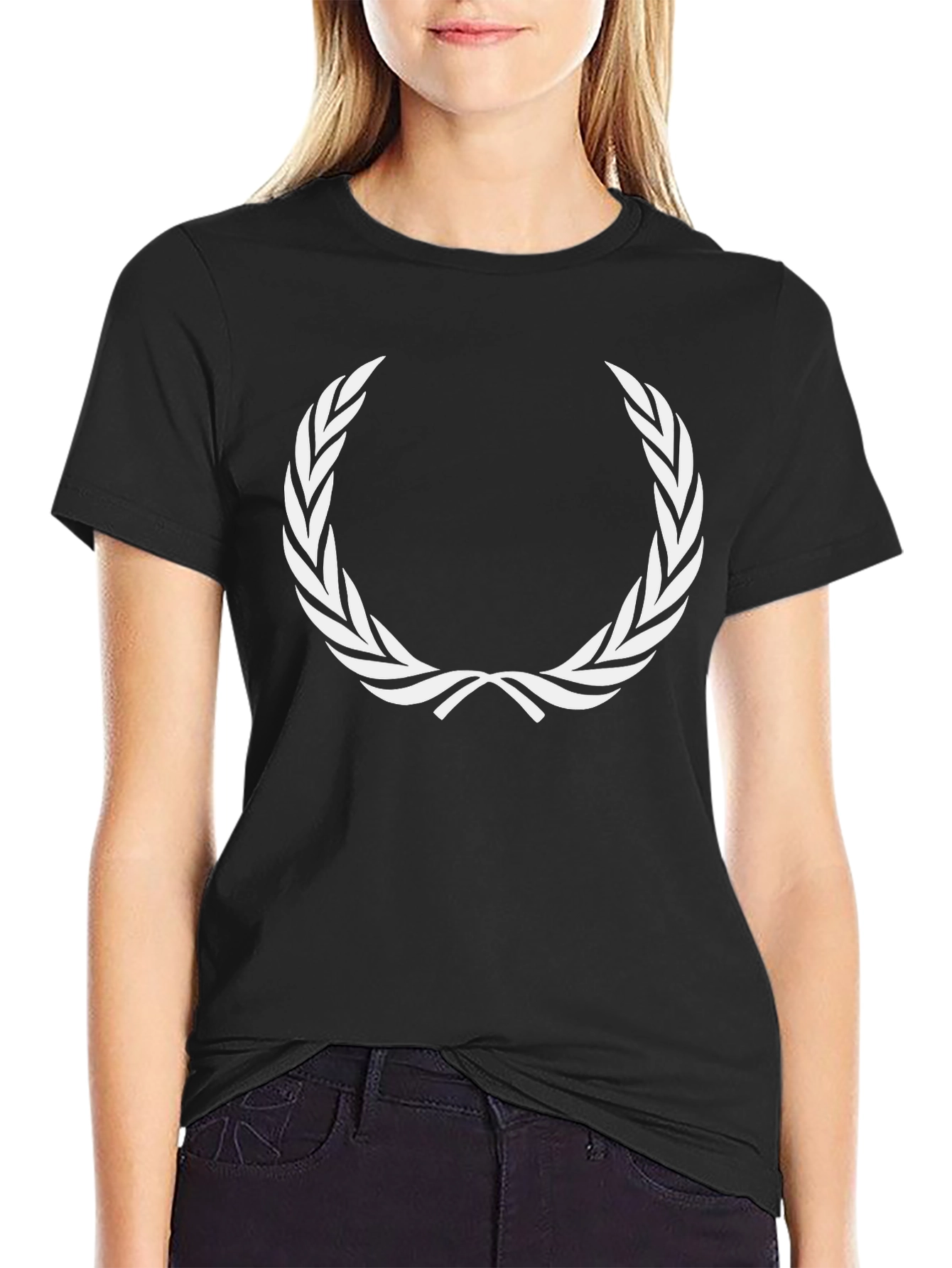 Black T-Shirt with White Laurel Wreath Graphic