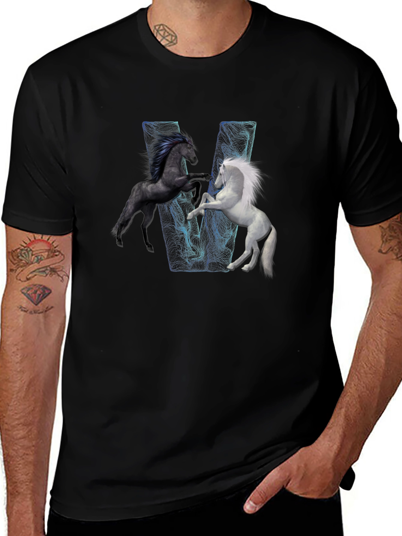 Black T-Shirt with Horse Design