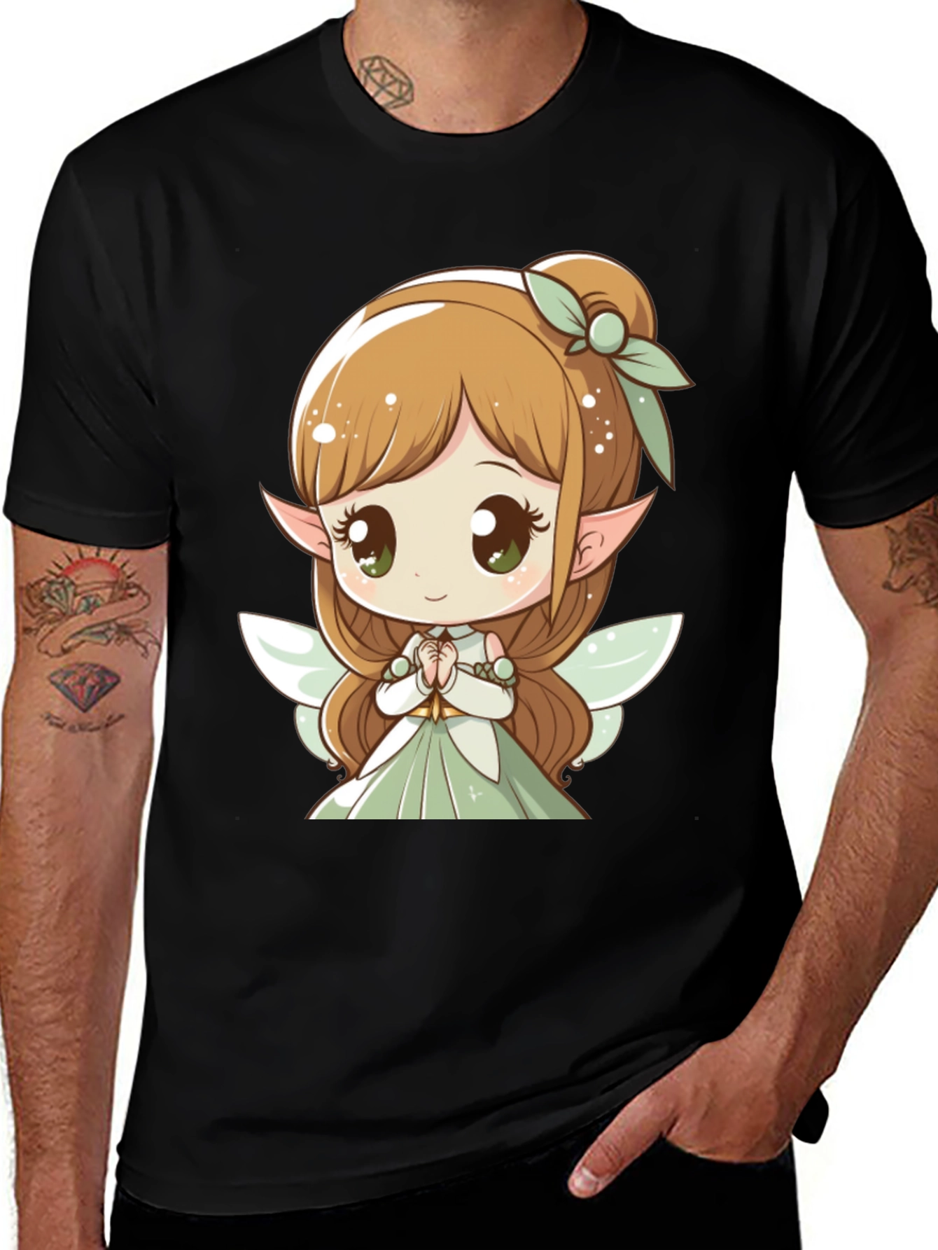Cute Fairy Graphic Tee - Black Cotton T-Shirt