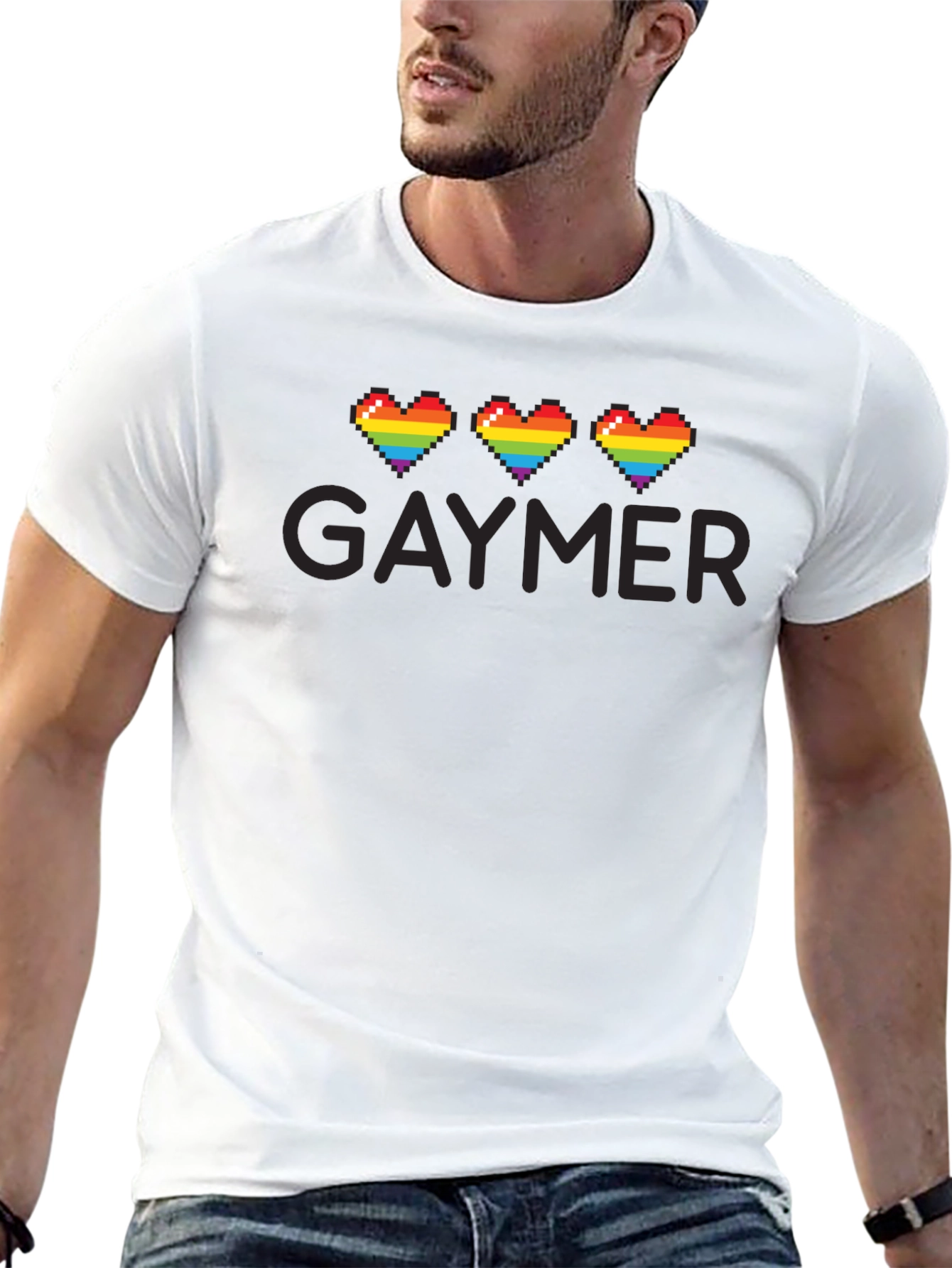 Gaymer Pride T-Shirt - Rainbow Pixel Heart Design