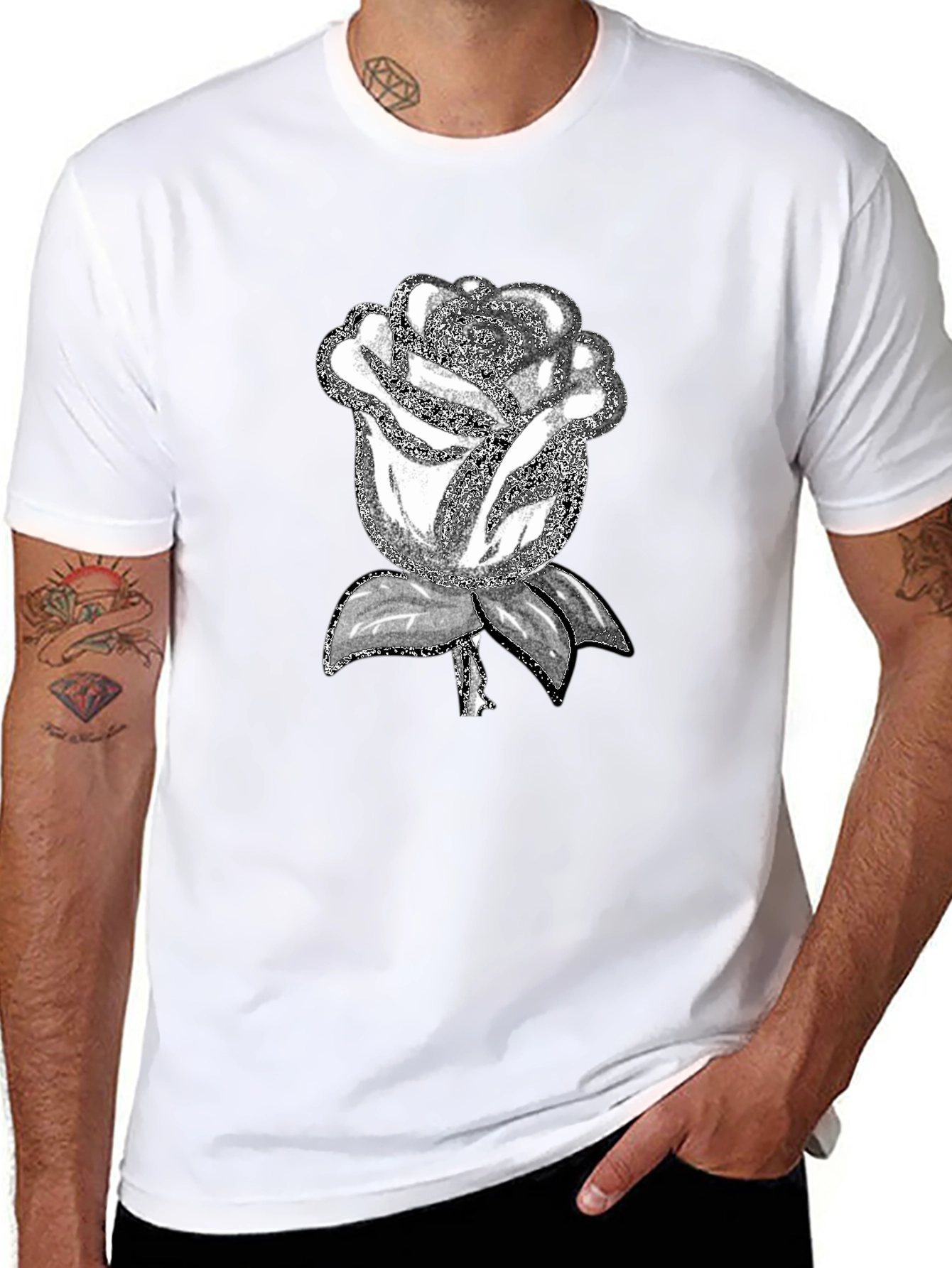 Black T-Shirt with Silver Rose Graphic