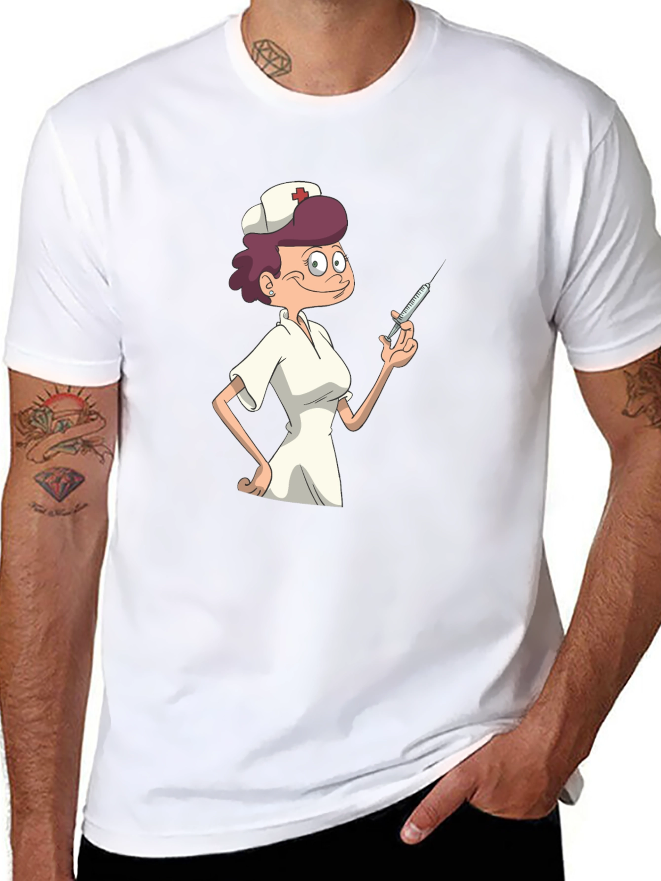 Nurse Cartoon Graphic T-Shirt - Black Casual Tee