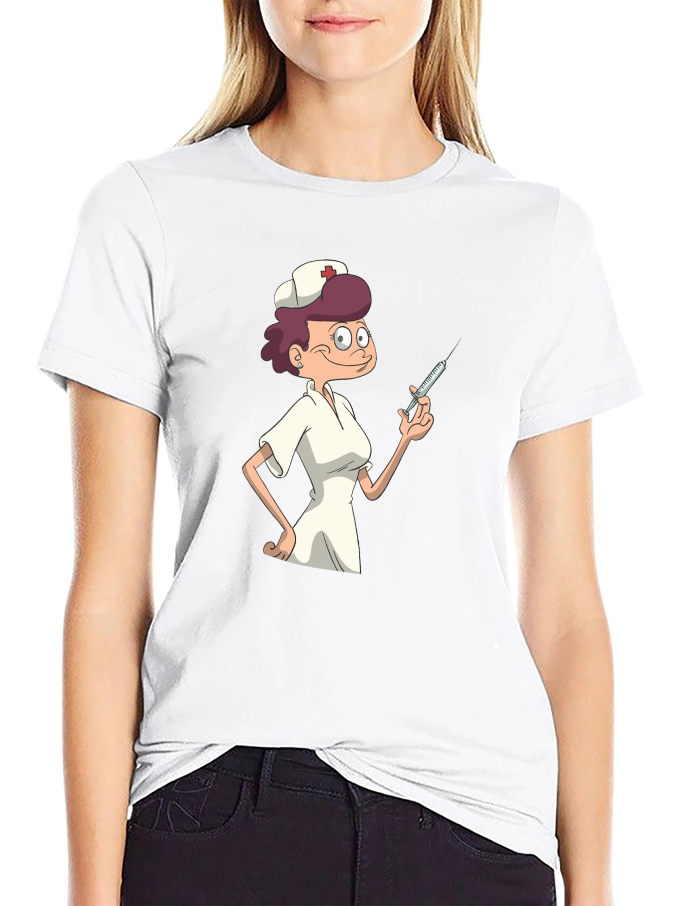 Nurse Cartoon Graphic T-Shirt - Black Casual Tee