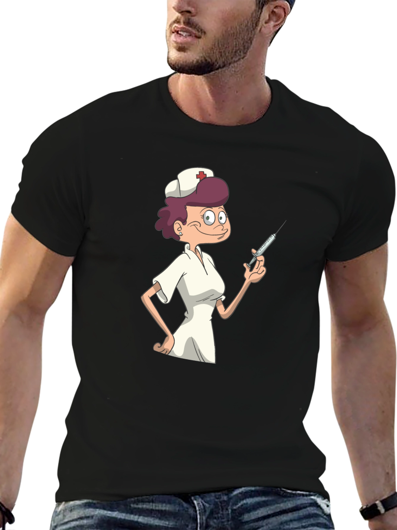 Nurse Cartoon Graphic T-Shirt - Black Casual Tee