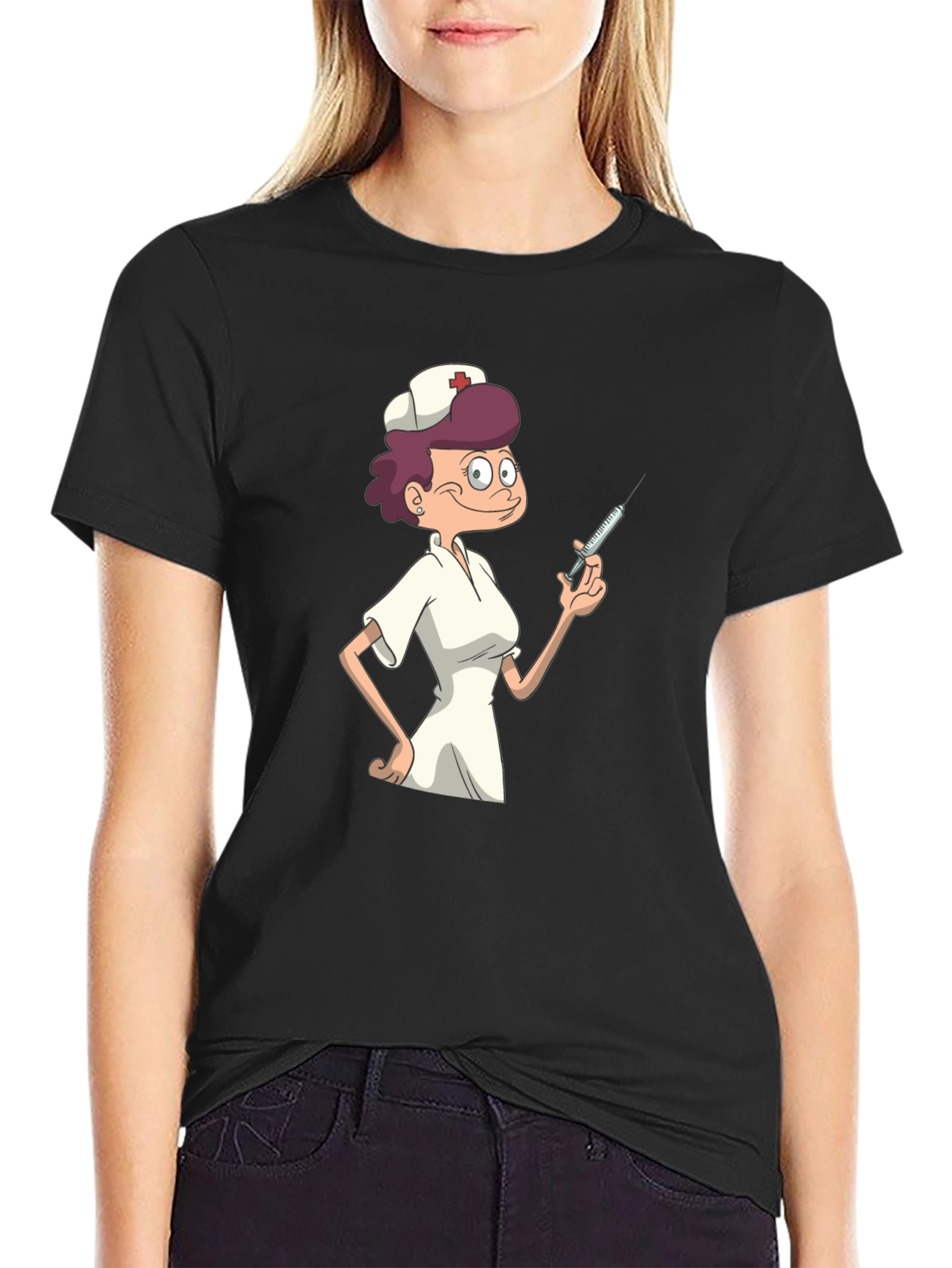 Nurse Cartoon Graphic T-Shirt - Black Casual Tee