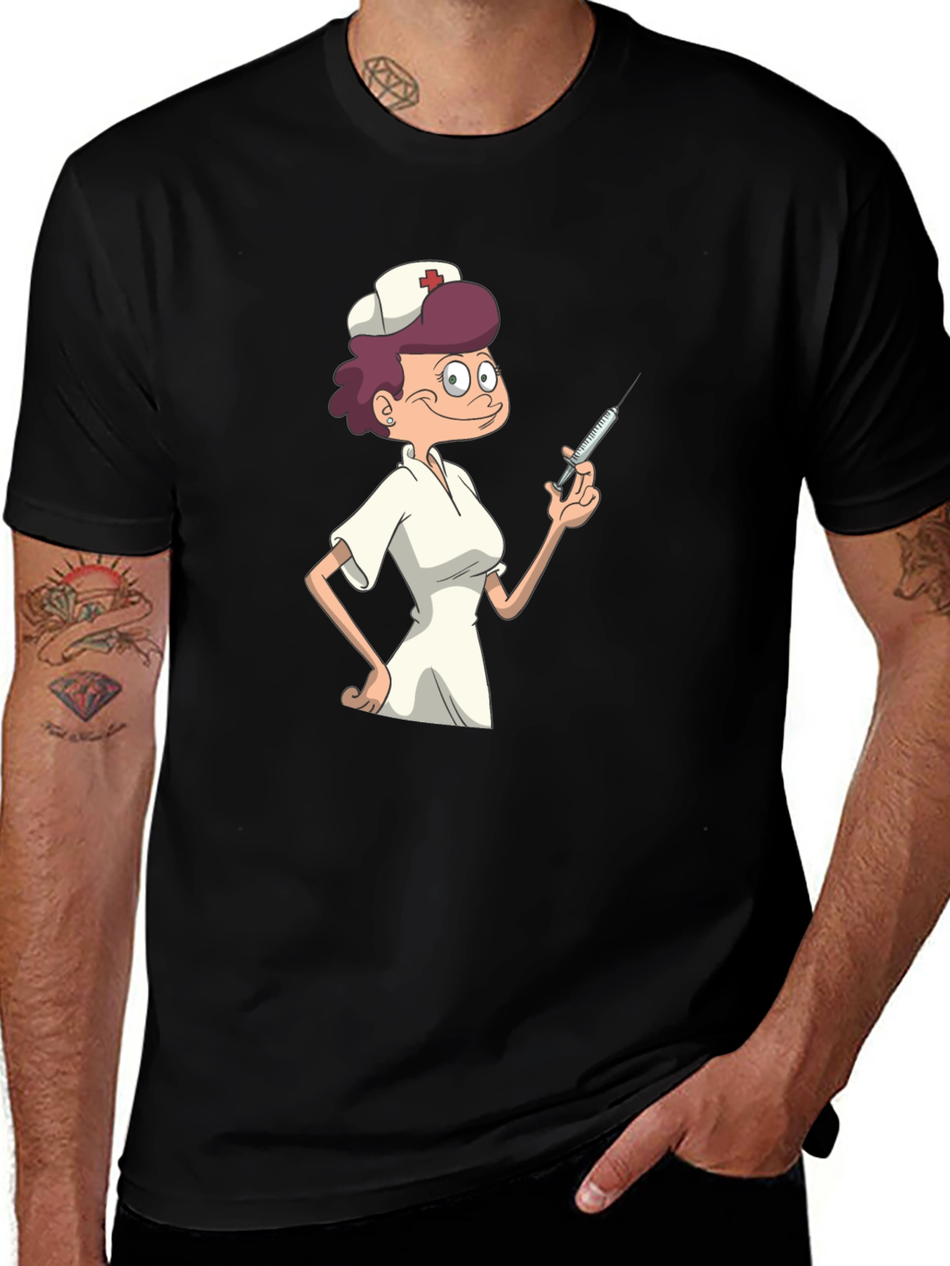 Nurse Cartoon Graphic T-Shirt - Black Casual Tee