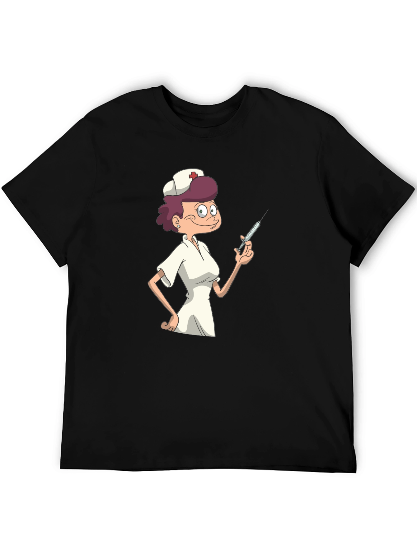 Nurse Cartoon Graphic T-Shirt - Black Casual Tee