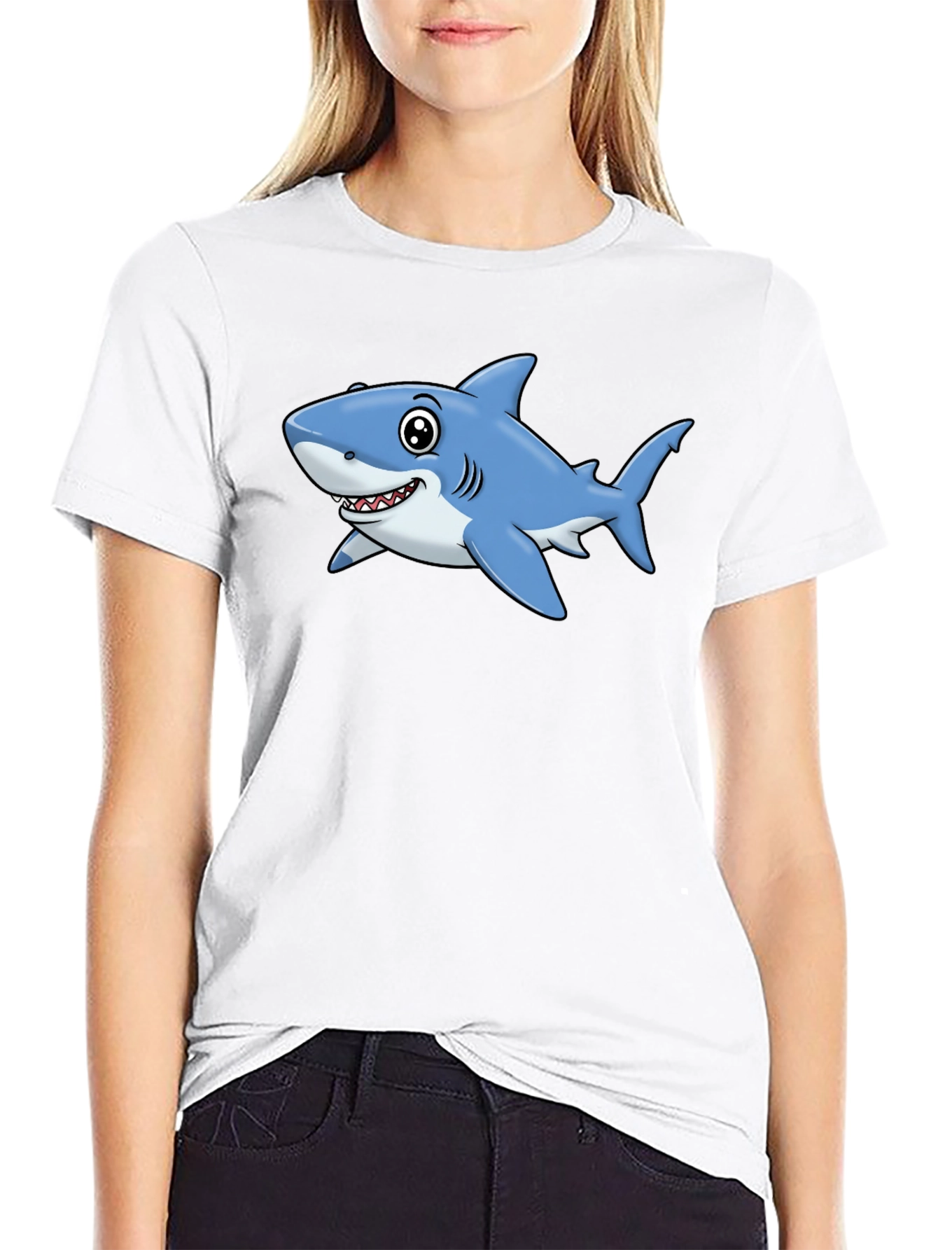 Cartoon Shark T-Shirt - Black Cotton Tee