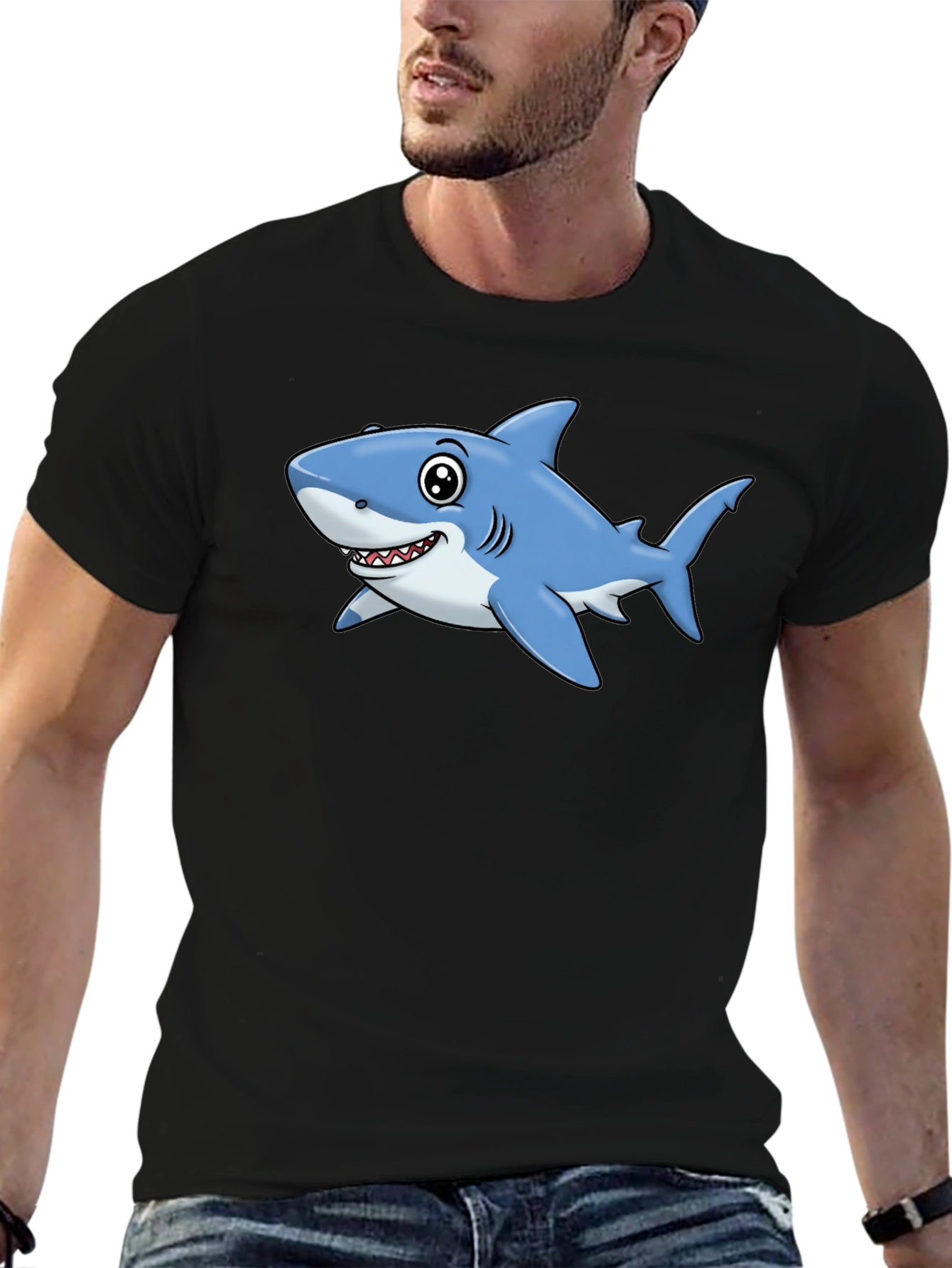 Cartoon Shark T-Shirt - Black Cotton Tee