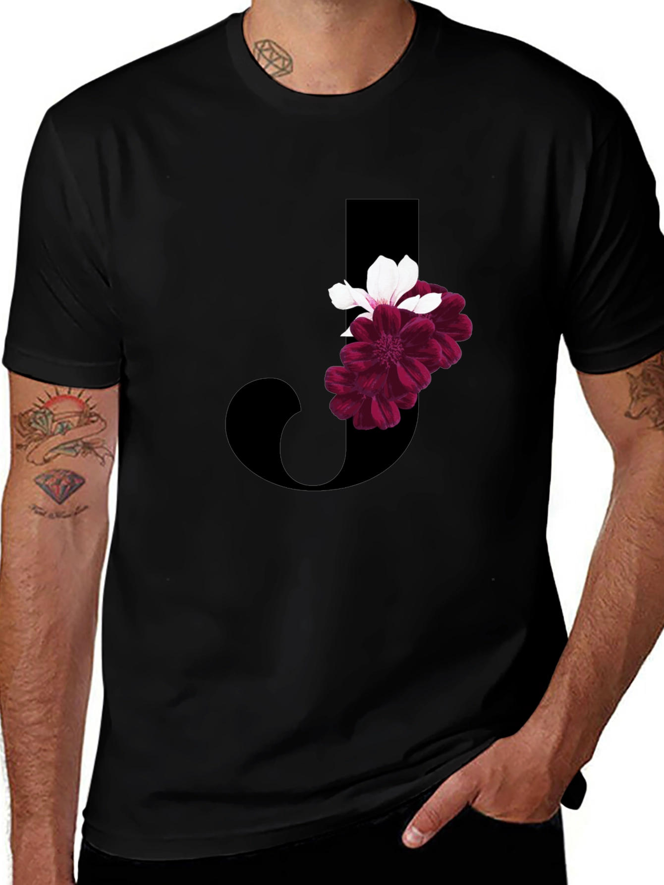 Floral Letter J Black T-Shirt