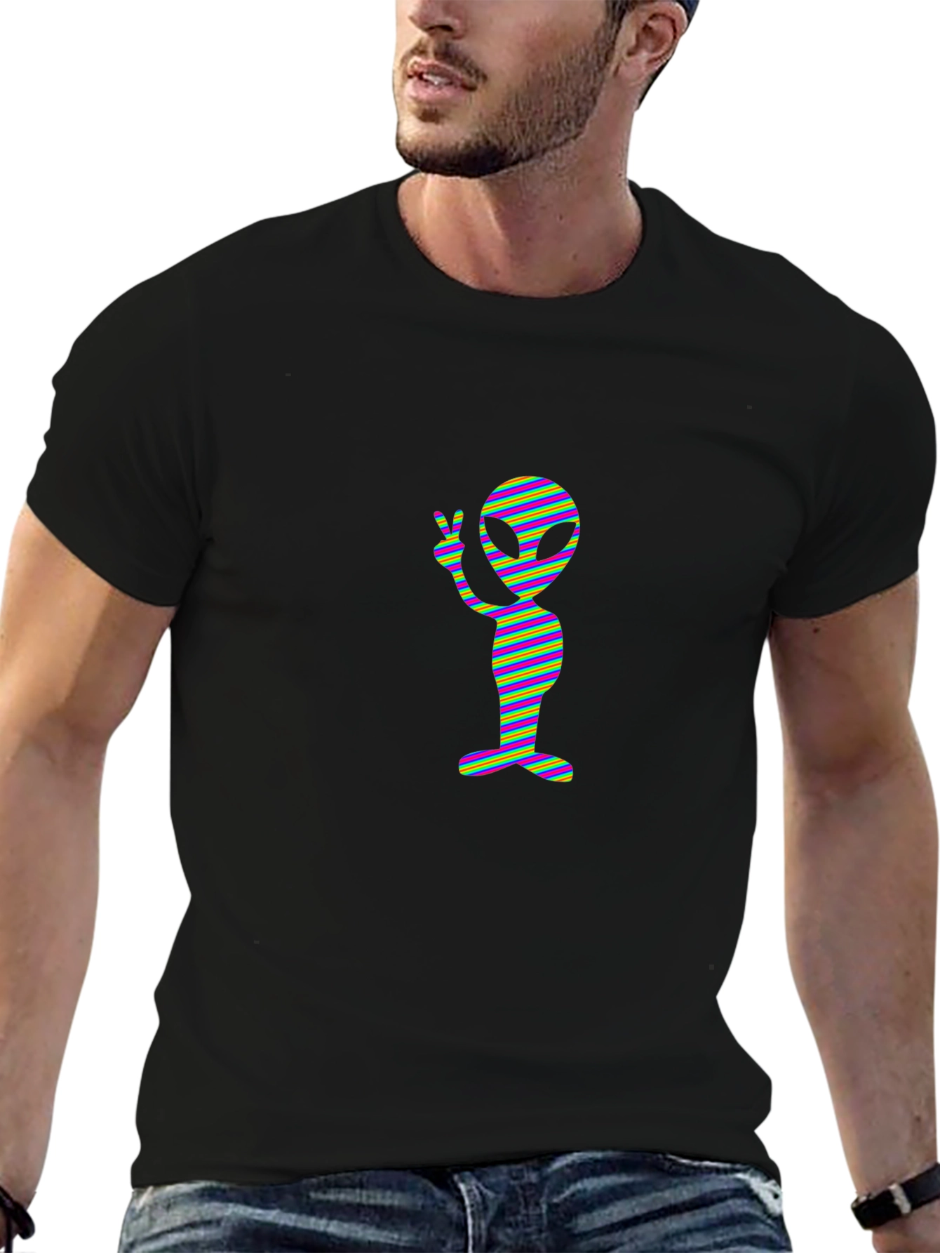 Retro Alien Peace Sign Black T-Shirt