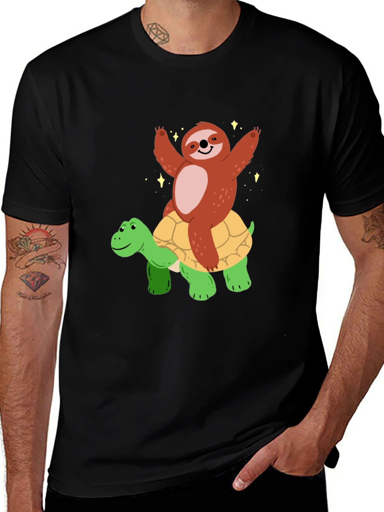 Sloth Riding Turtle Graphic T-Shirt