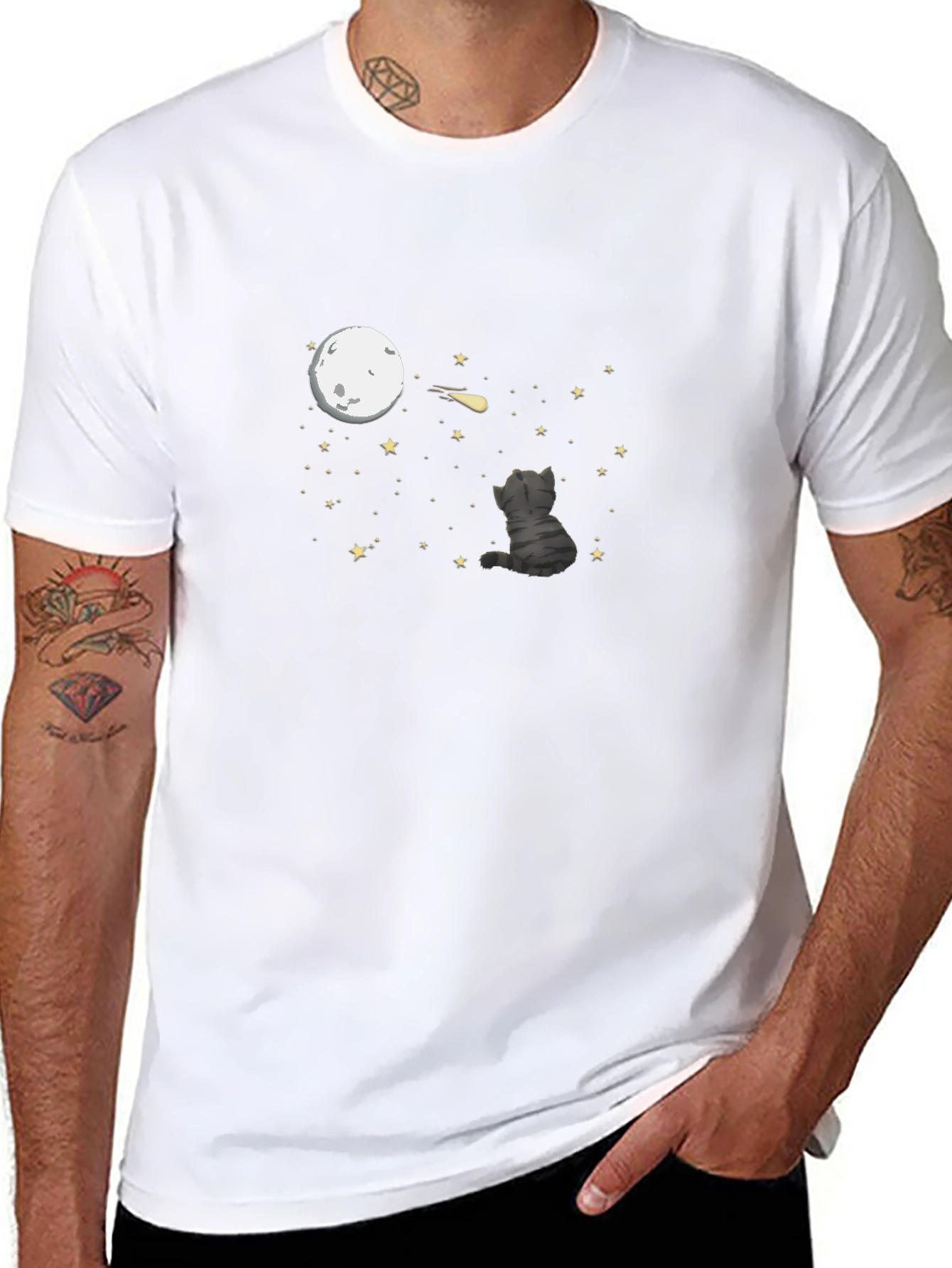 Cat Moon Gazing T-Shirt - Black Cotton Tee