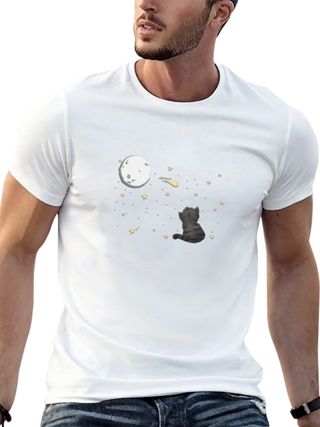 Cat Moon Gazing T-Shirt - Black Cotton Tee