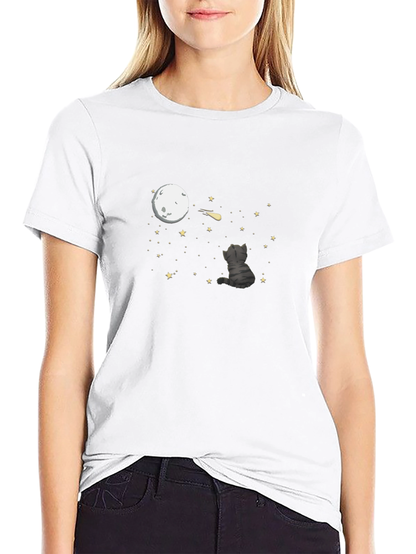 Cat Moon Gazing T-Shirt - Black Cotton Tee