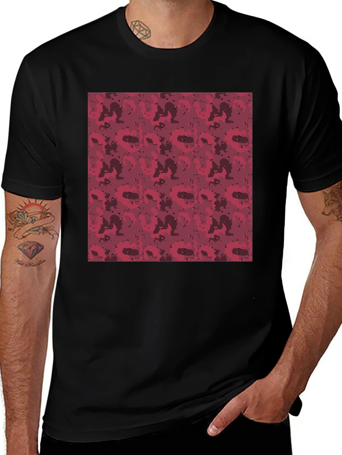 Red Camo Print Mens Black T-Shirt