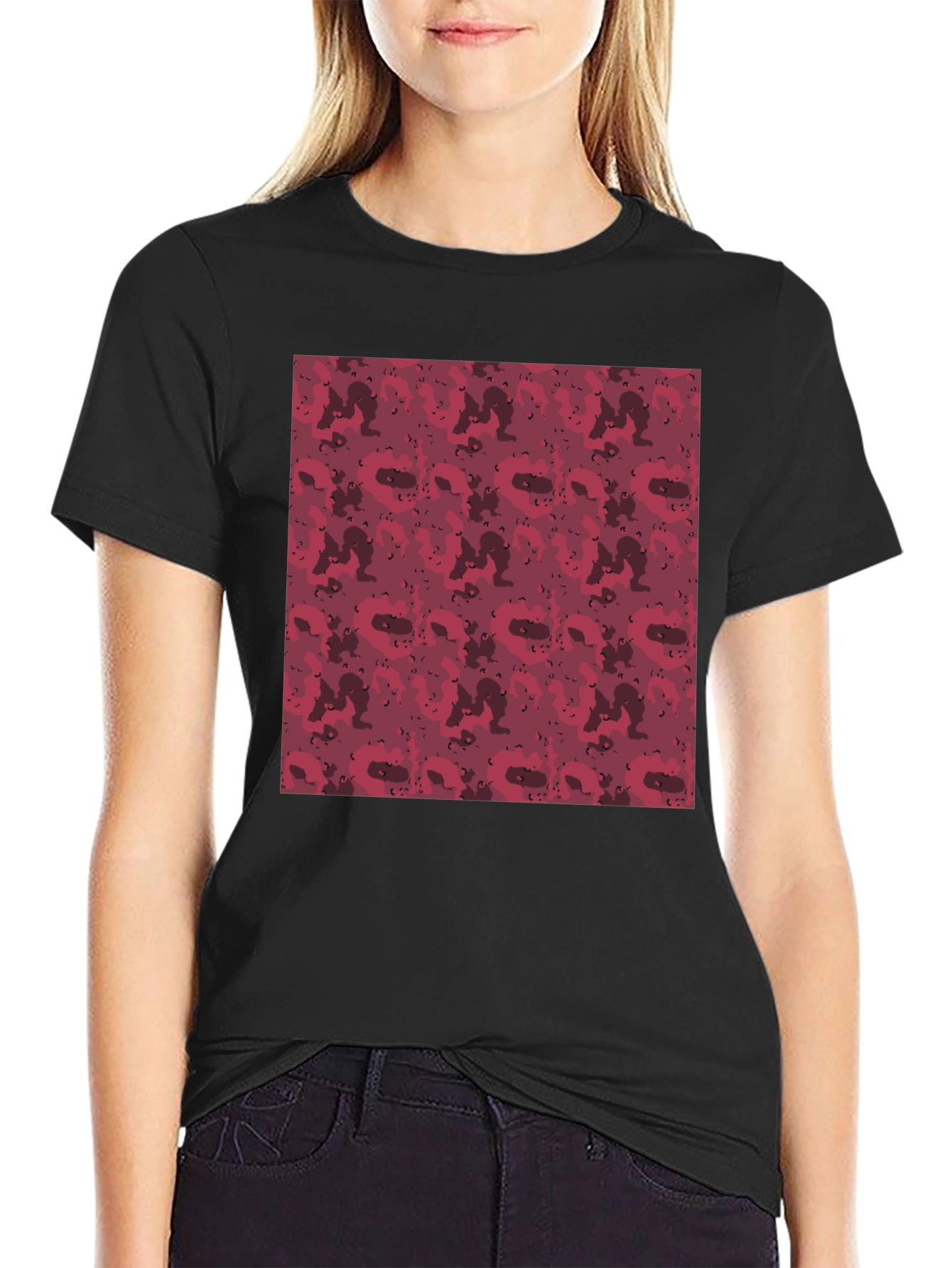 Red Camo Print Mens Black T-Shirt