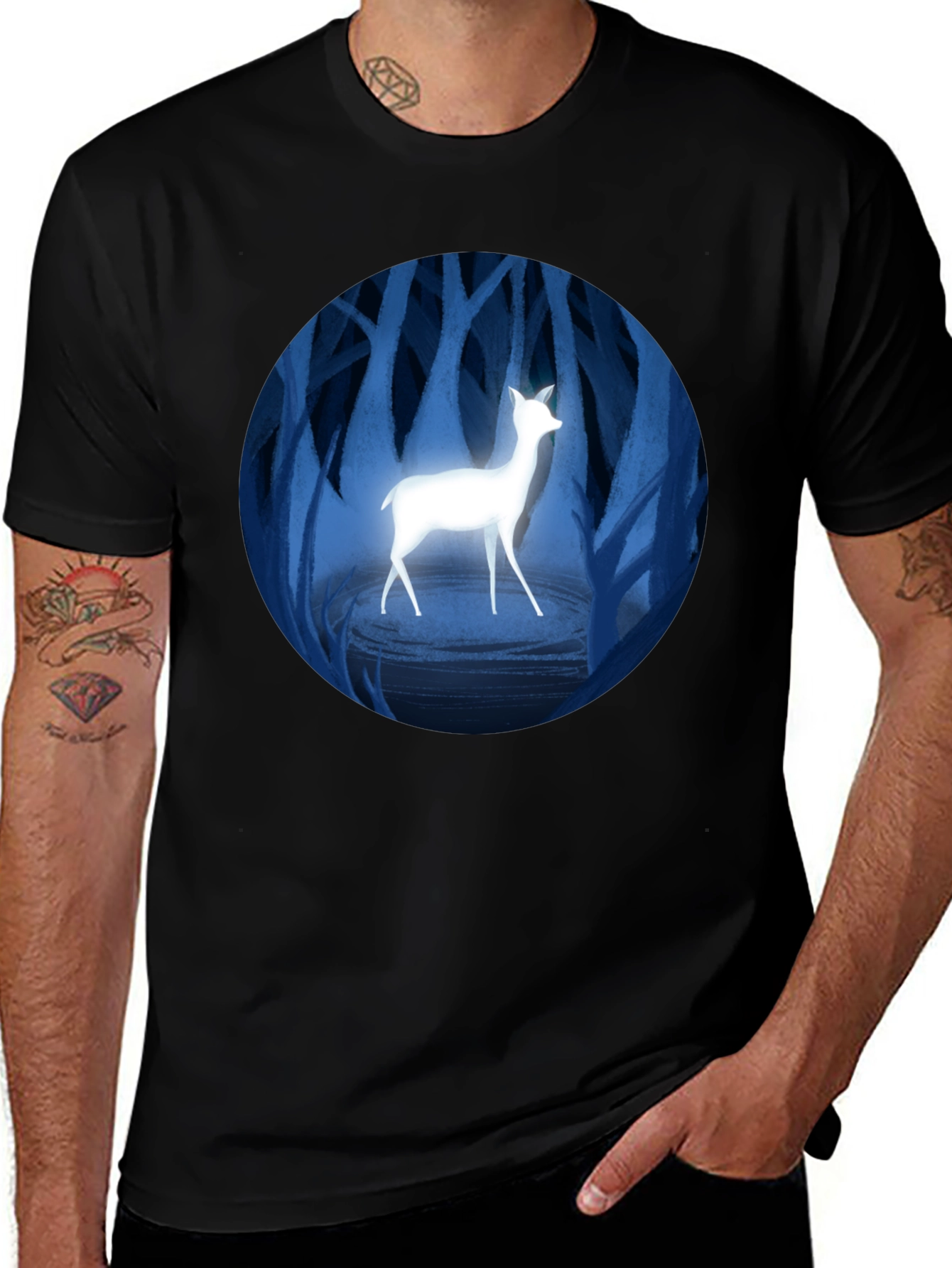 Enchanted Forest Deer Graphic Tee - Black