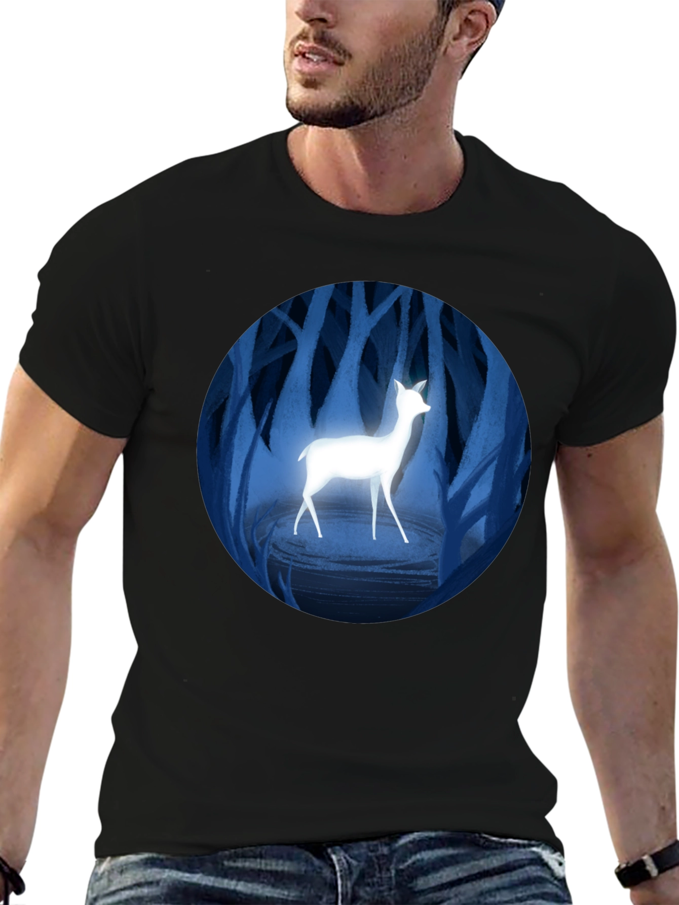 Enchanted Forest Deer Graphic Tee - Black