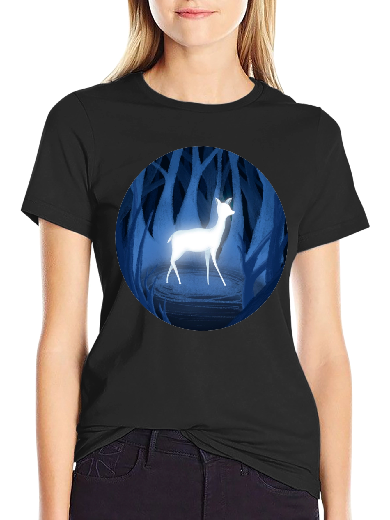 Enchanted Forest Deer Graphic Tee - Black