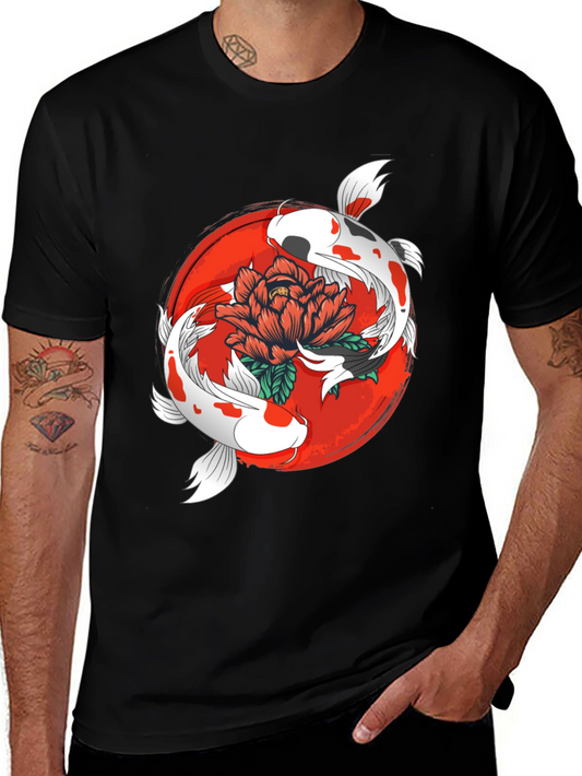 Koi Fish & Floral Graphic Black T-Shirt