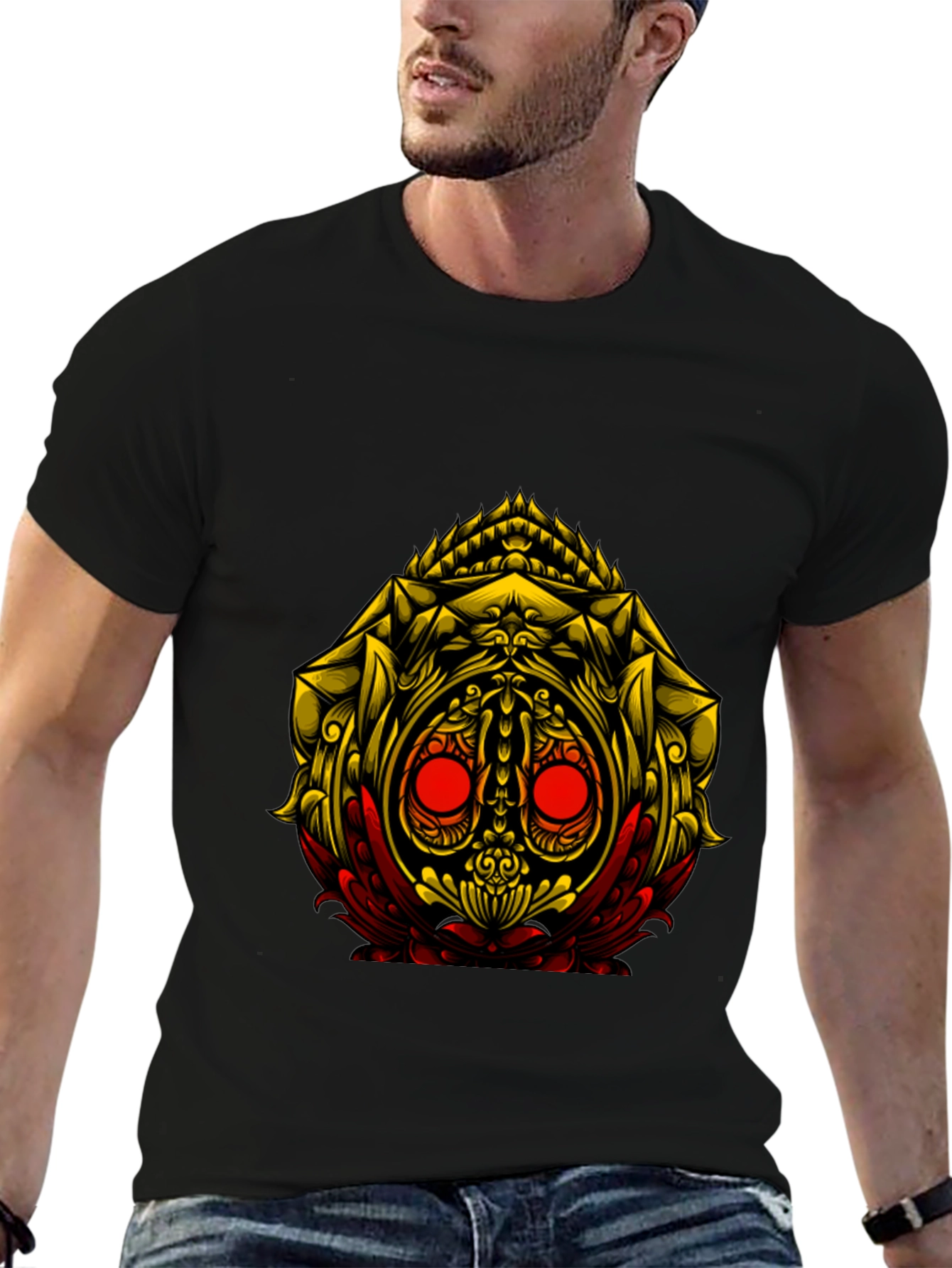 Unique Graphic Tee: Golden Skull Design