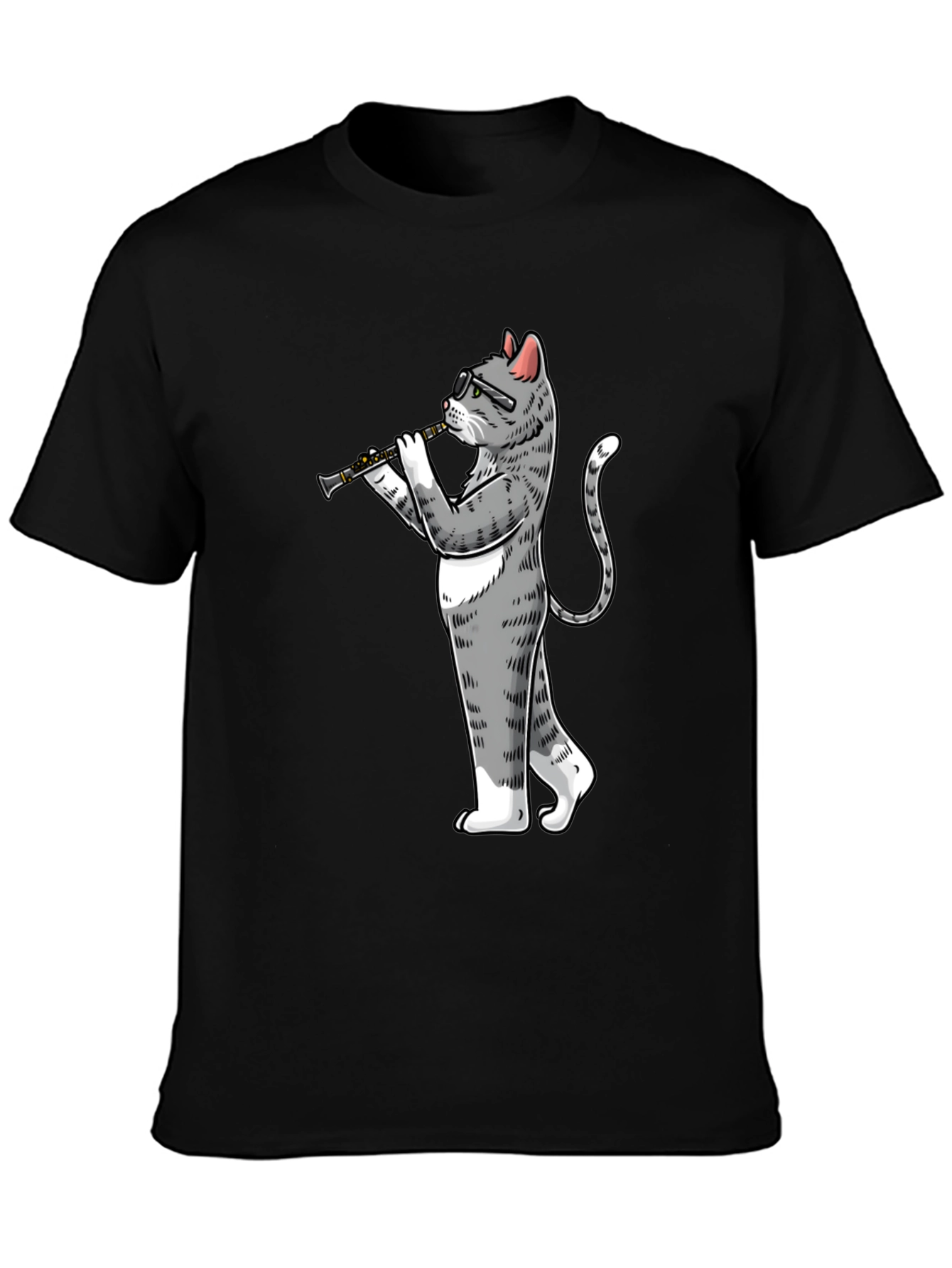 Cat Clarinet Player Black T-Shirt