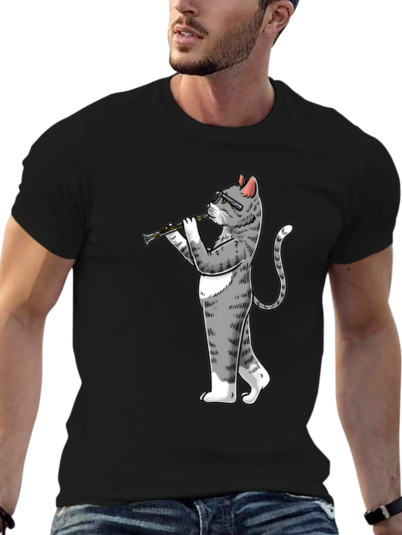 Cat Clarinet Player Black T-Shirt