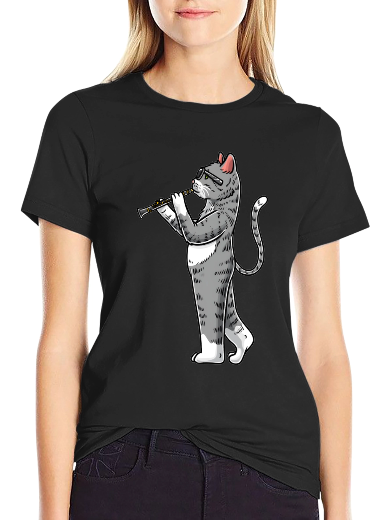 Cat Clarinet Player Black T-Shirt
