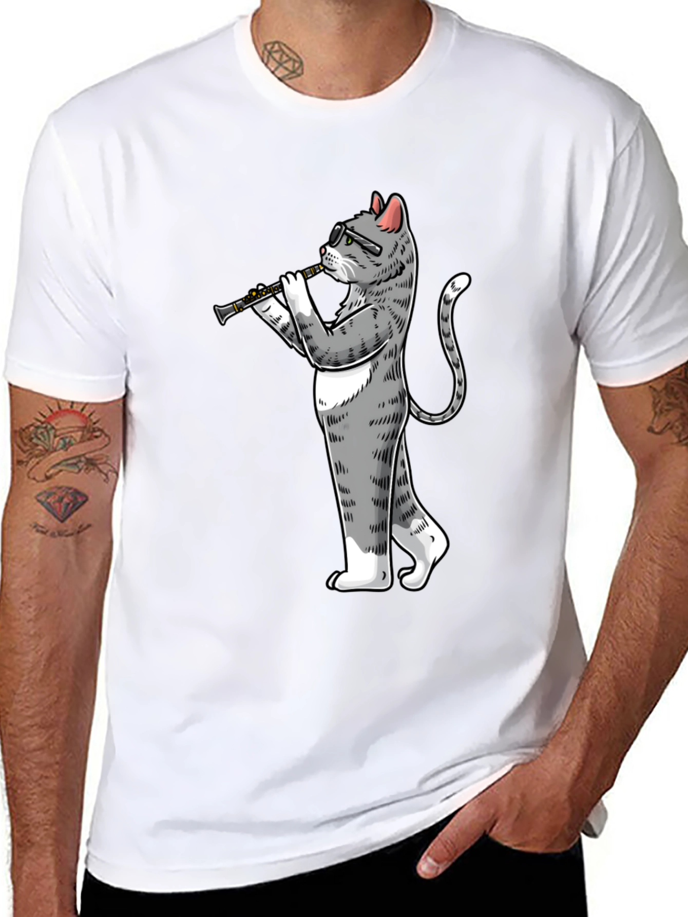 Cat Clarinet Player Black T-Shirt
