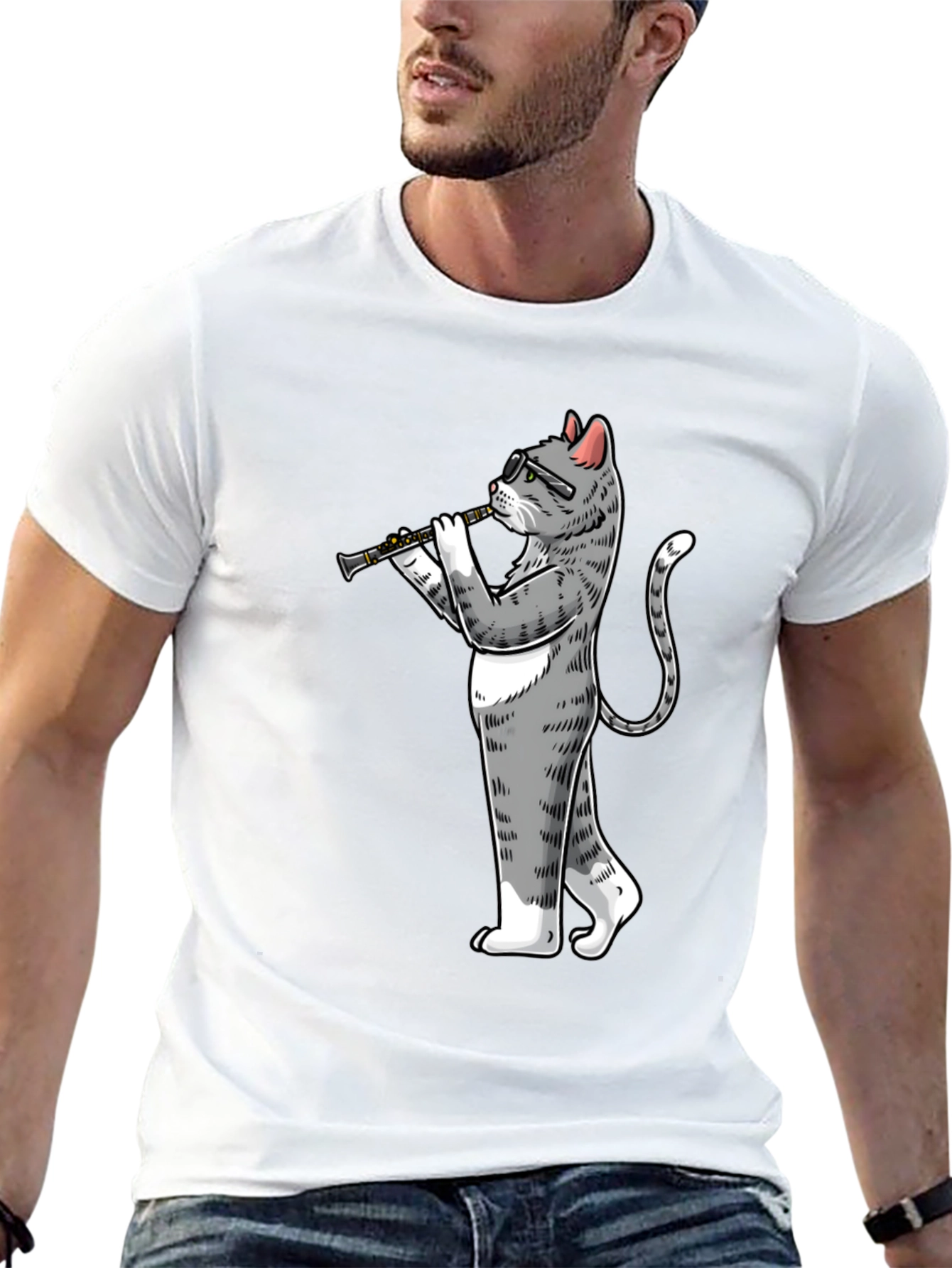 Cat Clarinet Player Black T-Shirt