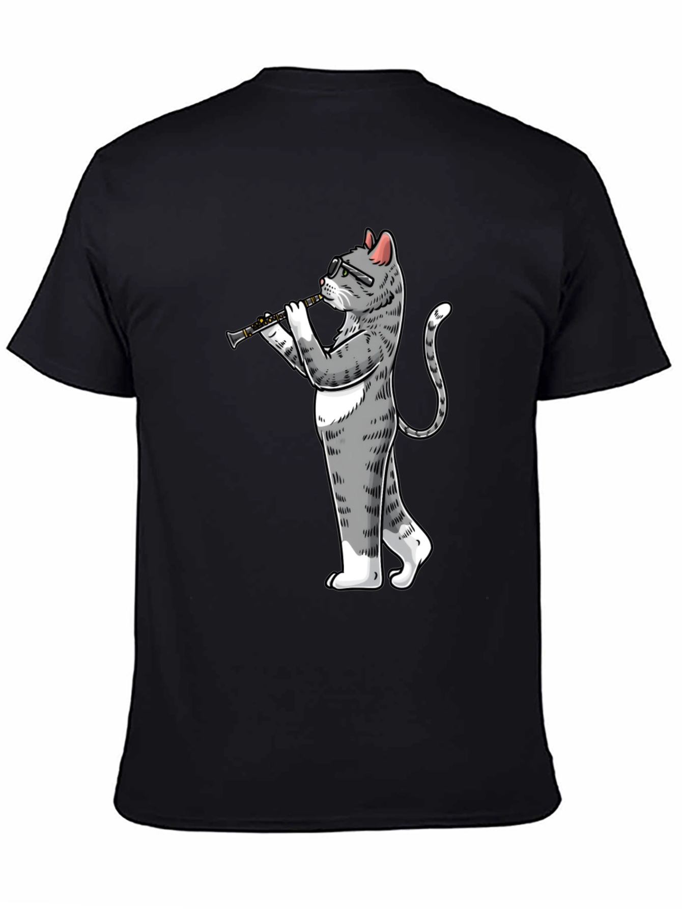 Cat Clarinet Player Black T-Shirt