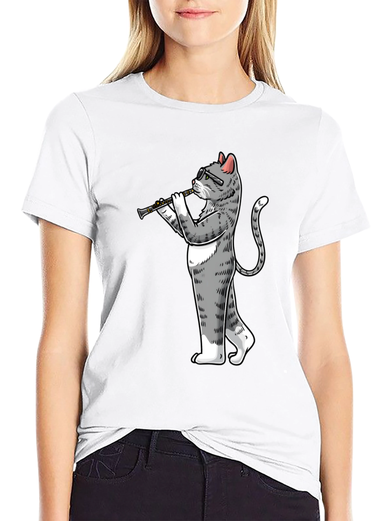Cat Clarinet Player Black T-Shirt