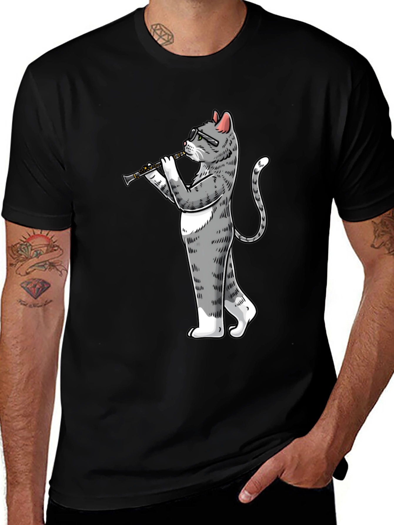 Cat Clarinet Player Black T-Shirt