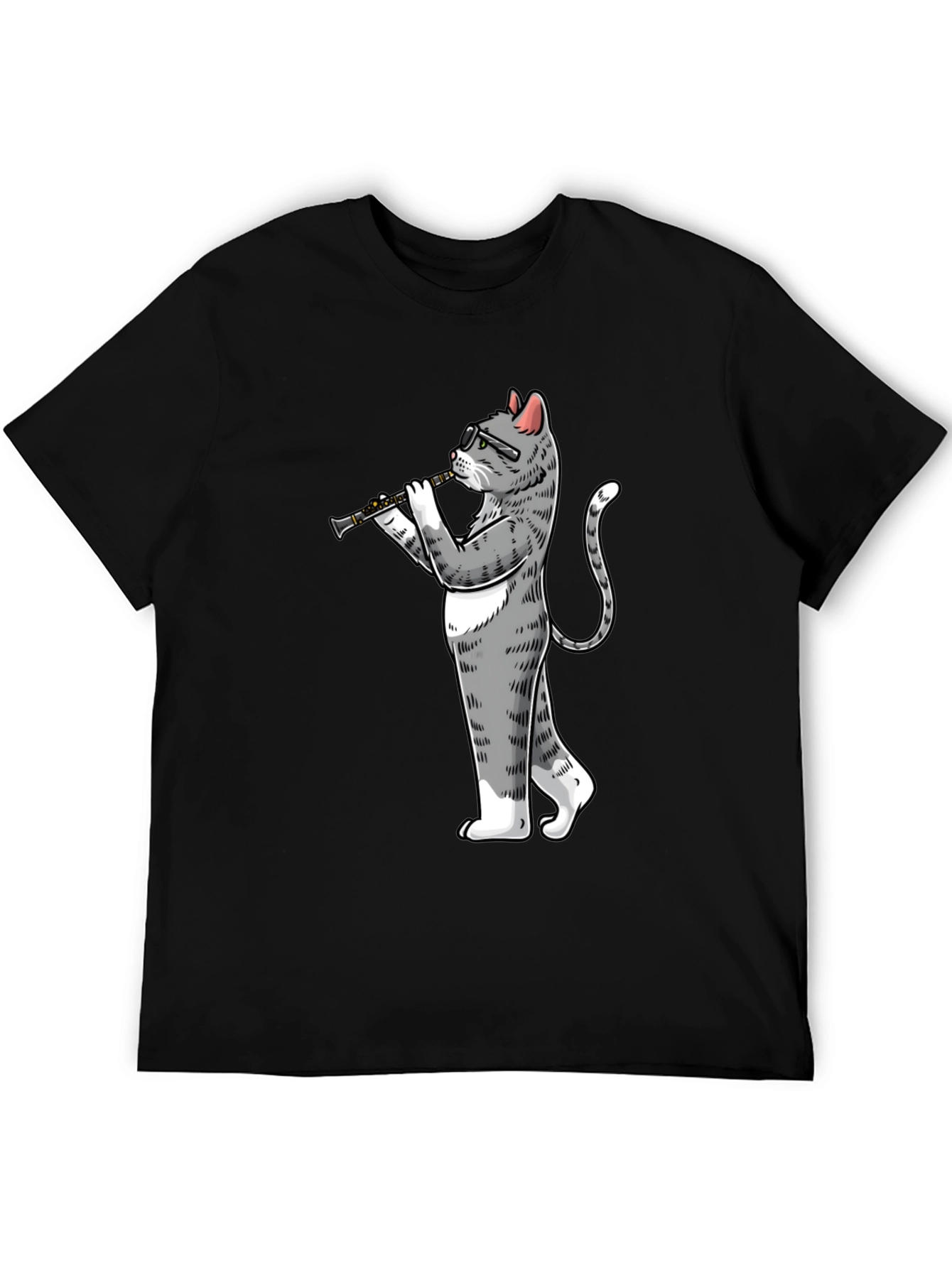 Cat Clarinet Player Black T-Shirt